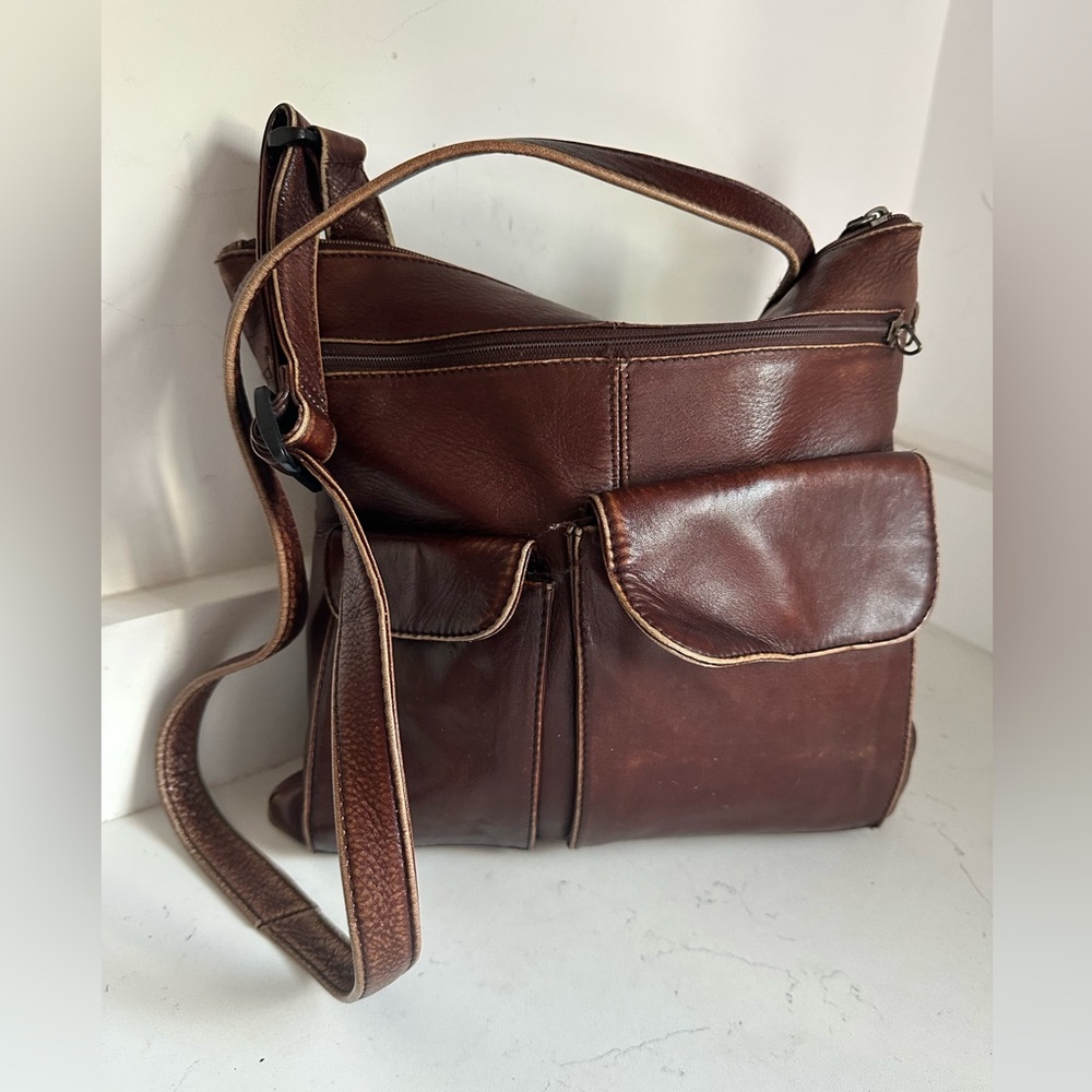 Vintage HOBO INTERNATIONAL Brown Leather Pocket Crossbody Bag Purse